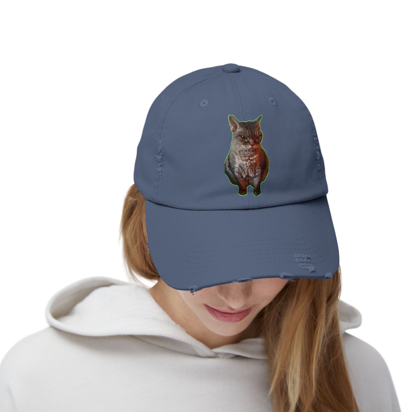 Distressed Cat Cap: Trendy Unisex Hat, Casual Wear, Gift for Cat Lovers, Unique Fashion Statement, Everyday Accessory
