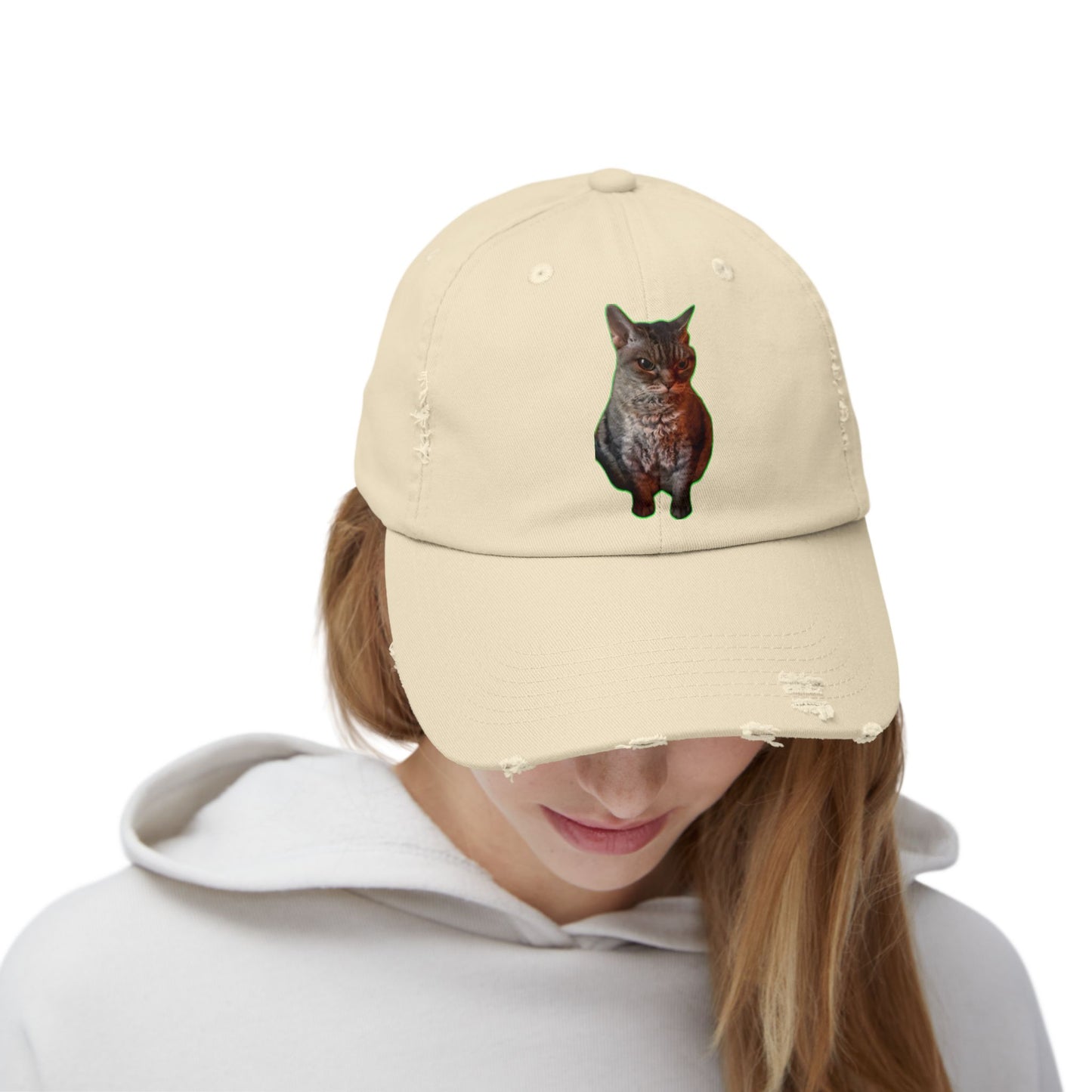 Distressed Cat Cap: Trendy Unisex Hat, Casual Wear, Gift for Cat Lovers, Unique Fashion Statement, Everyday Accessory