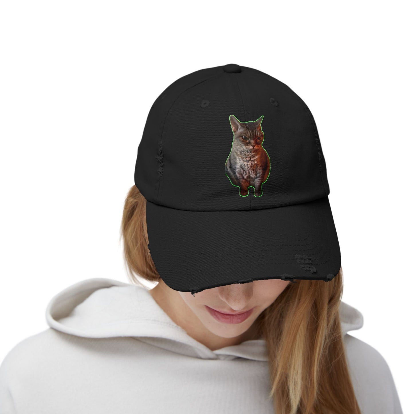 Distressed Cat Cap: Trendy Unisex Hat, Casual Wear, Gift for Cat Lovers, Unique Fashion Statement, Everyday Accessory